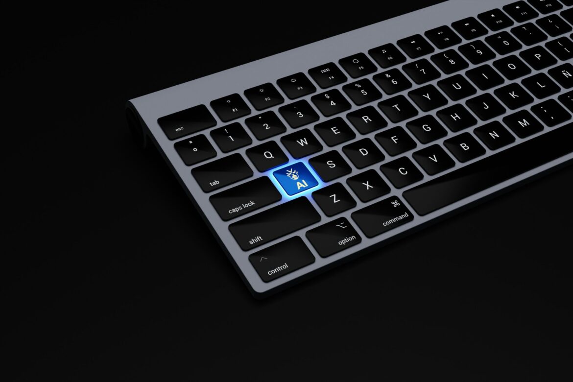 a black keyboard with a blue button on it