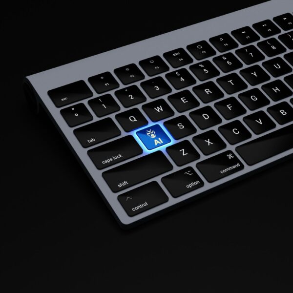 a black keyboard with a blue button on it